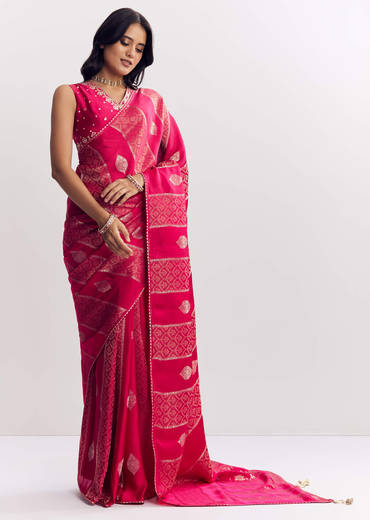Rani Pink Dola Silk Saree With Gota Patti Woven Motif
