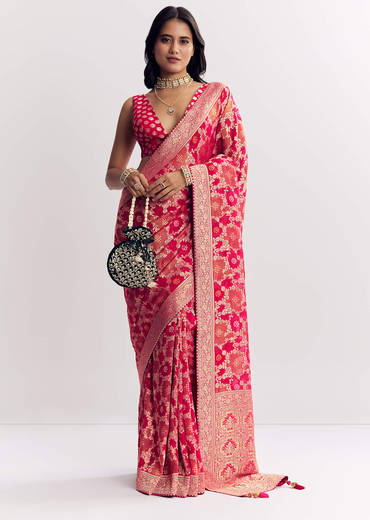 Rani Pink Georgette Saree With Zari Jaal Work