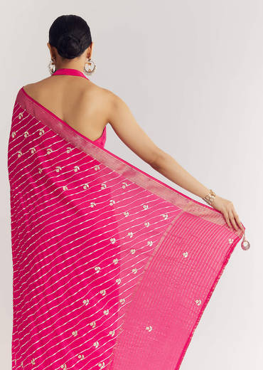 Rani Pink Leheriya Print With Floral Gotapatti And Moti Embroidery.