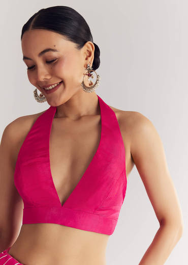 Rani Pink Leheriya Print With Floral Gotapatti And Moti Embroidery.