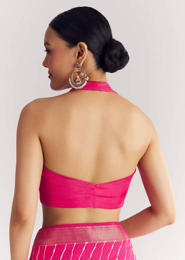 Rani Pink Leheriya Print With Floral Gotapatti And Moti Embroidery.