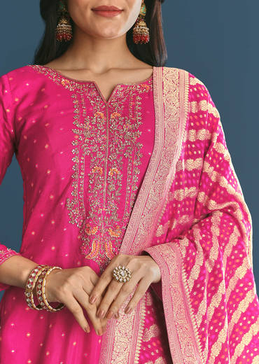 Rani Pink Russian Silk Kurta Palazzo With Banarasi Dupatta