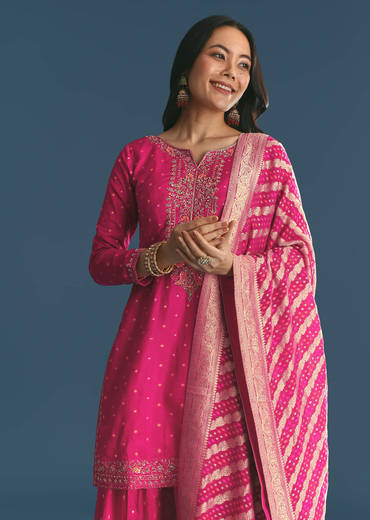 Rani Pink Russian Silk Kurta Palazzo With Banarasi Dupatta