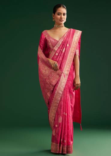 Rani Pink Saree With Woven Zari Motif And Embroidered Blouse