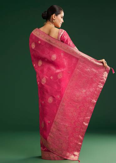 Rani Pink Saree With Woven Zari Motif And Embroidered Blouse