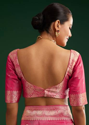 Rani Pink Saree With Woven Zari Motif And Embroidered Blouse