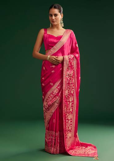 Rani Pink Satin Saree With Zari Woven Design