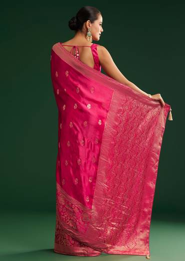 Rani Pink Satin Saree With Zari Woven Design