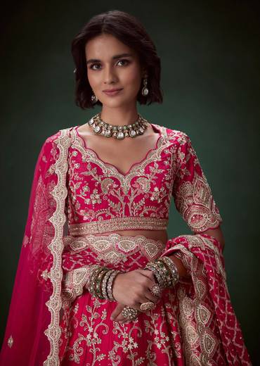 Rani Pink Silk Embroidered Bridal Lehenga Set with Scallop Dupatta
