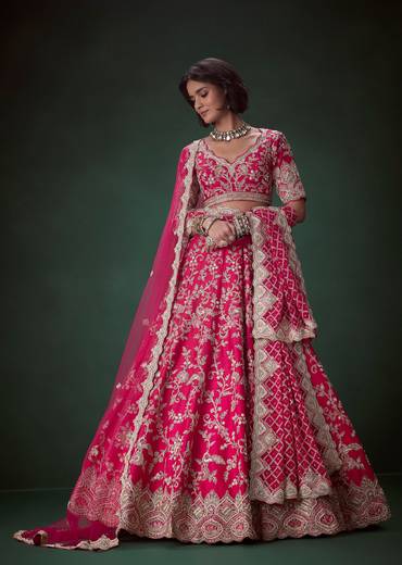 Rani Pink Silk Embroidered Bridal Lehenga Set with Scallop Dupatta