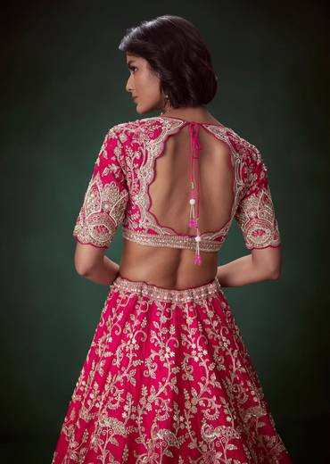 Rani Pink Silk Embroidered Bridal Lehenga Set with Scallop Dupatta