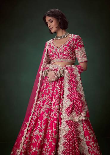 Rani Pink Silk Embroidered Bridal Lehenga Set with Scallop Dupatta