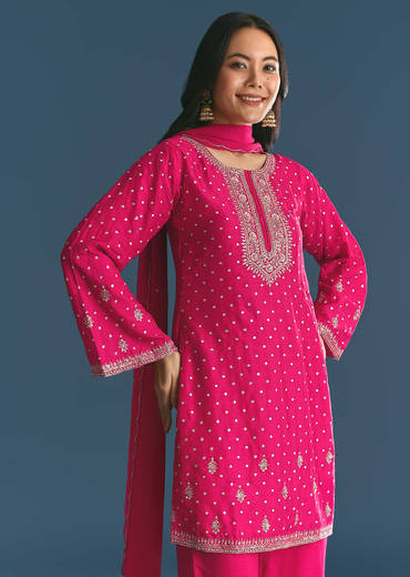 Rani Pink Silk Embroidered Kurta Set With Dupatta