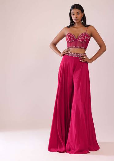 Rani Pink Organza Palazzo And Corset Blouse Set With Floral Embroidery