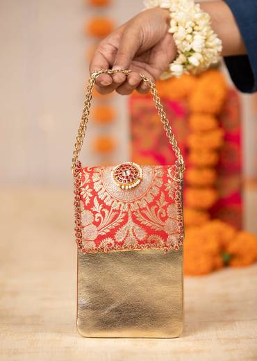 Red and Gold Floral Motif Kundan Flap Bag