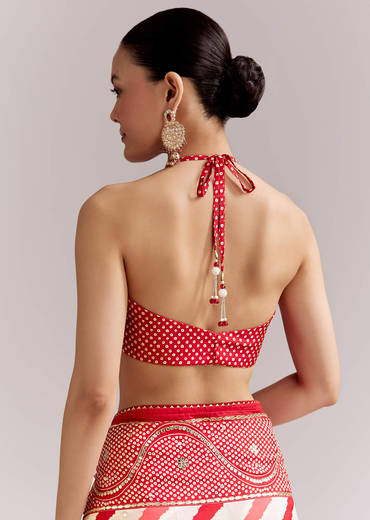 Red And Off White Silk Saree With Lehariya And Bandhani Print