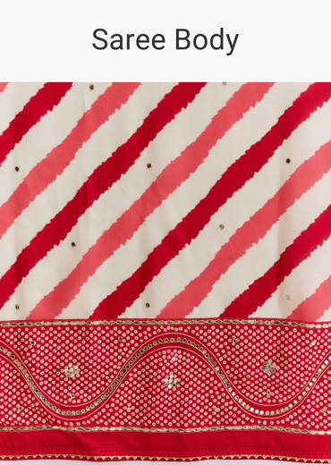 Red And Off White Silk Saree With Lehariya And Bandhani Print