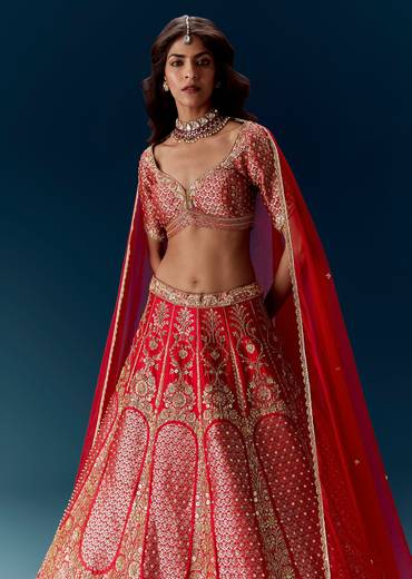 Red Banarasi Embroidered Bridal Lehenga And  Dupattas