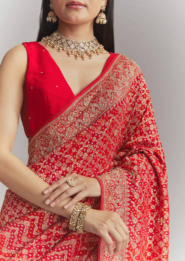 Red Banarasi Georgette Embroidered Saree With Heavy Hand Embroidery