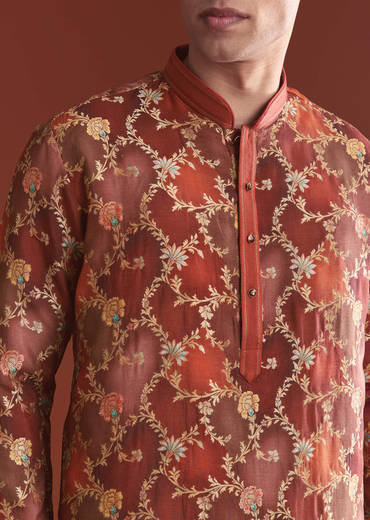 Red Banarasi Kurta Set For Men With Floral Pattern