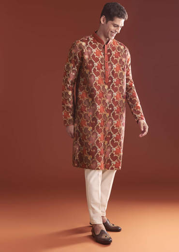 Red Banarasi Kurta Set For Men With Floral Pattern
