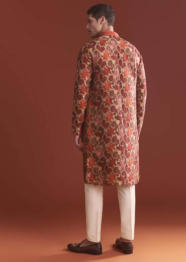 Red Banarasi Kurta Set For Men With Floral Pattern