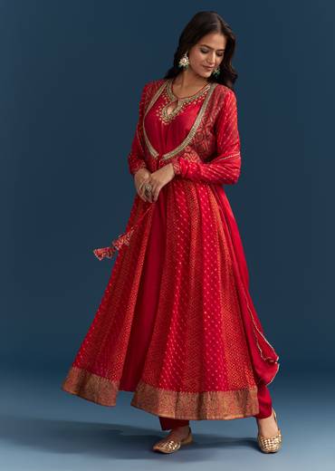 Red Bandhani And Leheriya Jacket Anarkali Suit In Georgette