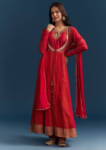 Red Bandhani And Leheriya Jacket Anarkali Suit In Georgette