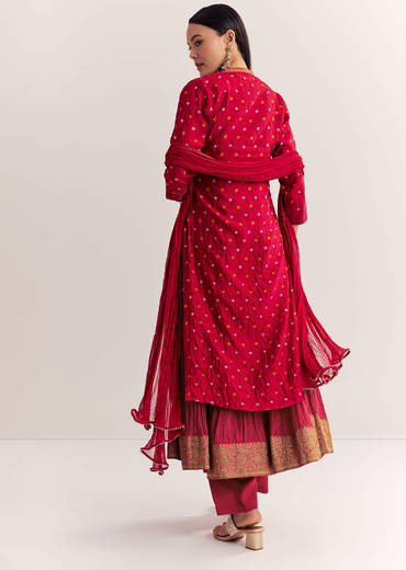 Red Bandhani Layered Silk Kurta Set With Dupatta