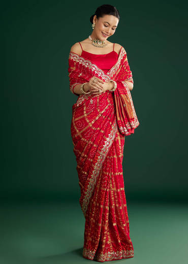 Red Bandhani Saree With Gota Work