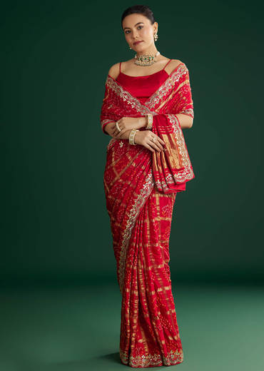 Red Bandhani Saree With Gota Work