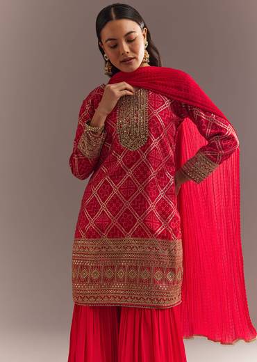 Red Bandhani Zari Kurta And Jacquard Sharara With Chiffon Dupatta