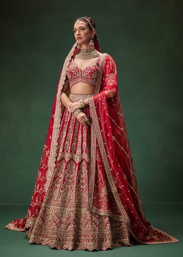 Red Bridal Lehenga With Intricate Hand Embroidery And Double Dupatta Drape