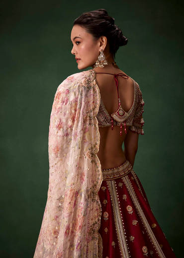 Red Bridal Raw Silk Patchwork Lehenga Set with Two Dupattas