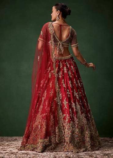 Red Bridal Sequin Silk Lehenga Set with  Two Dupattas
