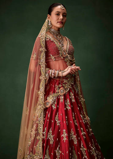 Red Bridal Sequin Silk Lehenga Set with  Two Dupattas