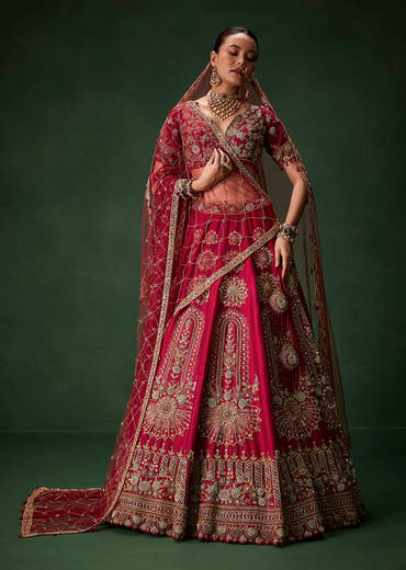 Red Bridal Silk Lehenga Set with Dupattas