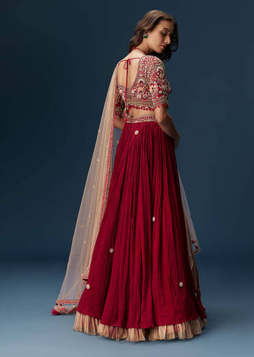Red Bridesmaid Lehenga With Half Sleeve Embroidered Blouse And Dupatta