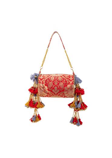 Red Brocade Floral Motif Bag with Tassel