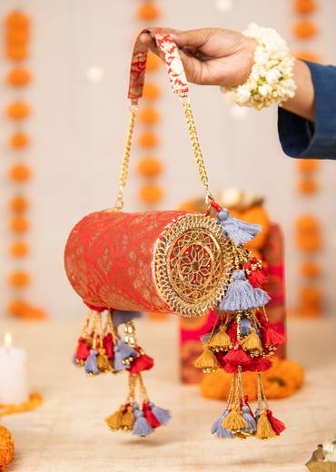 Red Brocade Floral Motif Bag with Tassel