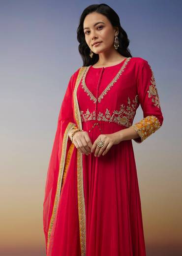 Red Chanderi Anarkali Suit with Zari Moti Work