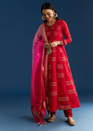 Red Chanderi Gotta Work Anarkali With Ombre Zari Butti Organza Dupatta