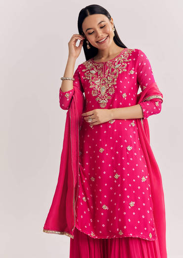 Pink Chinon Asymmetrical Kurta Sharara Suit With Embroidery