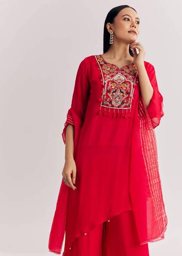 Red Chinon Asymmetrical Palazzo Suit With Embroidery