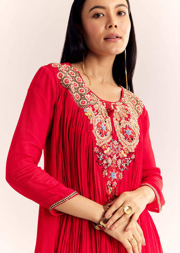 Red Chinon Flared Kurta Sharara With Thread Work