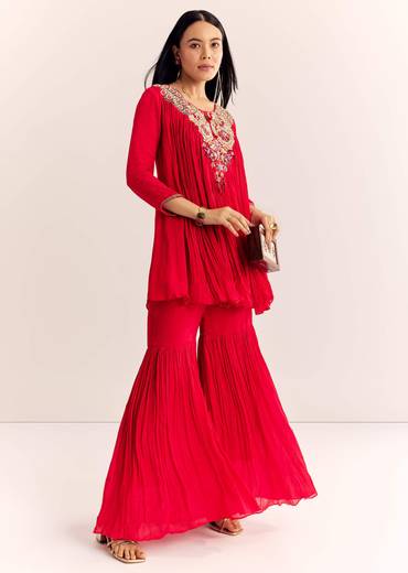 Red Chinon Flared Kurta Sharara With Thread Work