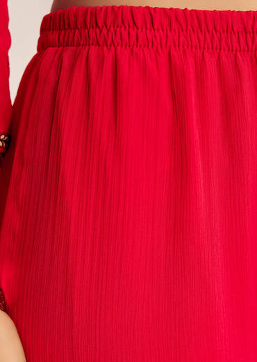 Red Chinon Flared Kurta Sharara With Thread Work