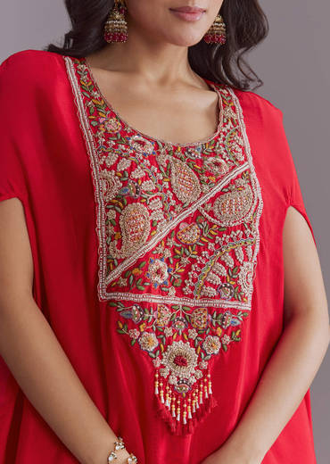 Red Chinon Kaftan Top And Palazzo Set With Embroidery