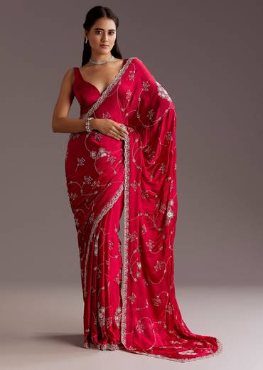 Red Chinon Saree With Floral Cutdana Sequins Jaal And Scallop Border