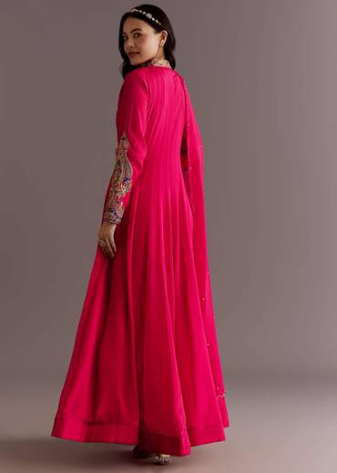 Red Chinon Zardosi Anarkali Suit With Cutdana Dupatta